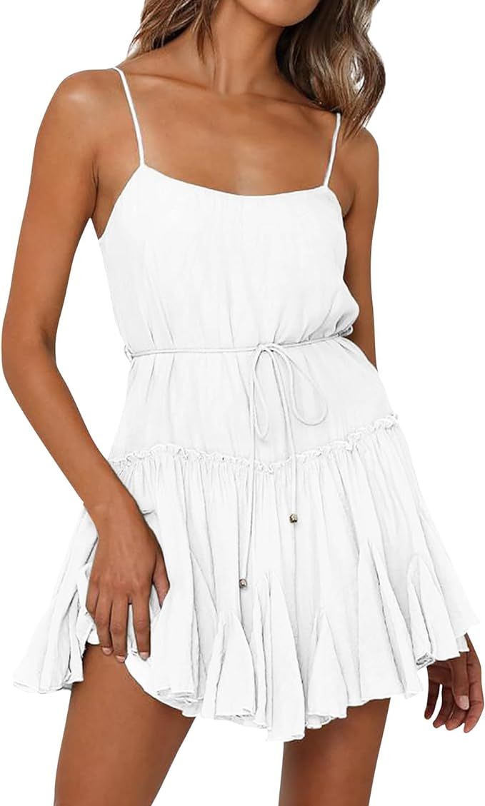 Sundresses for Women Summer Spaghetti Strap Tie Waist Ruffle Mini Dress A Line Flowy Tiered Dress... | Amazon (US)