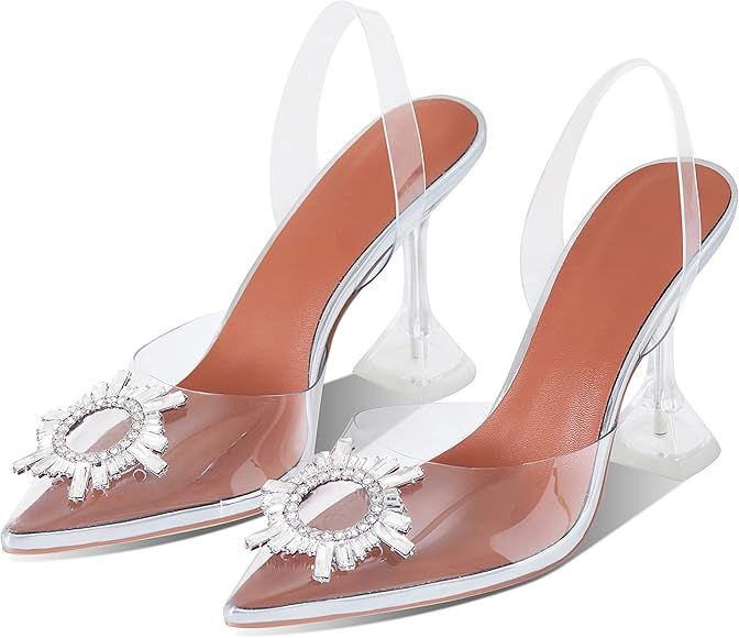 Goiphrri Clear Heels Sandals for Women Sling Back Crystal Rhinestones Pumps Pointed Toe High Heel Shoes Sunflower Clear Pumps | Amazon (US)