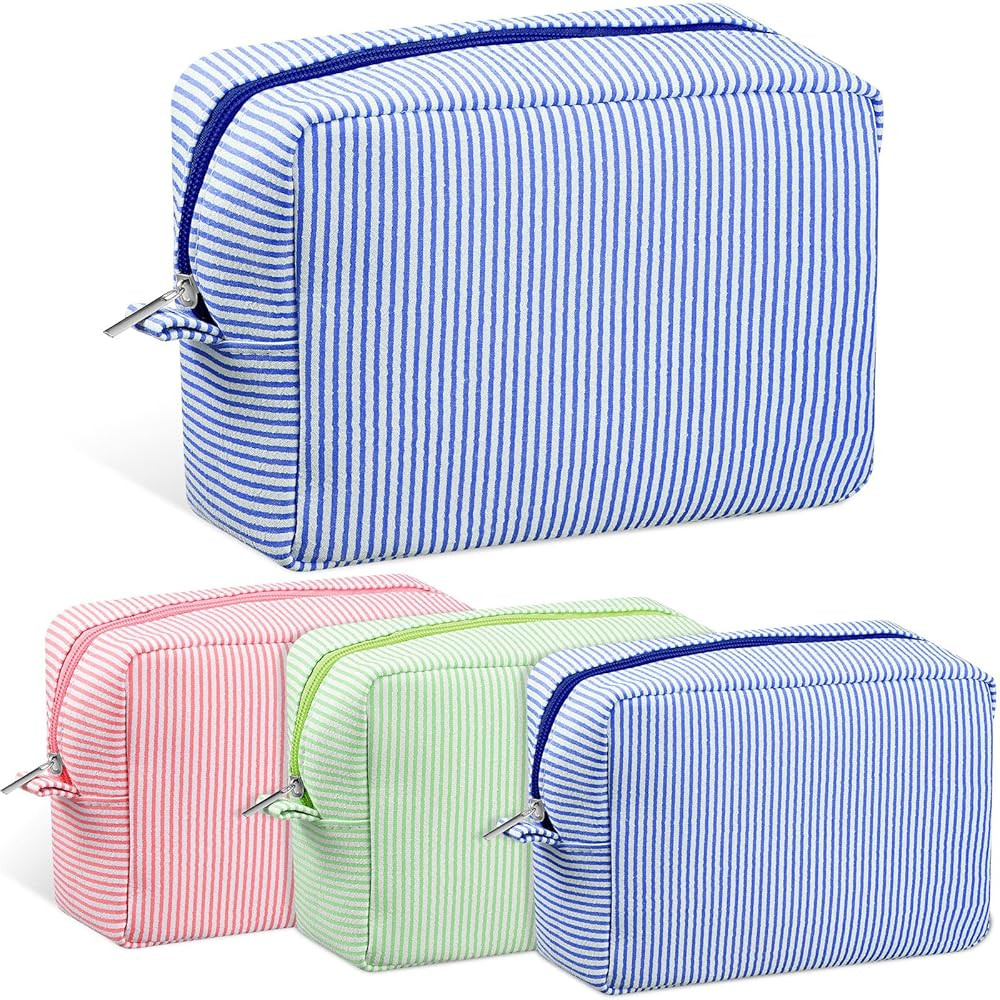 Sanwuta 3 Pcs Seersucker Cosmetic Bag Pinstripe Seersucker Makeup Bag Women Large Travel Toiletry... | Amazon (US)