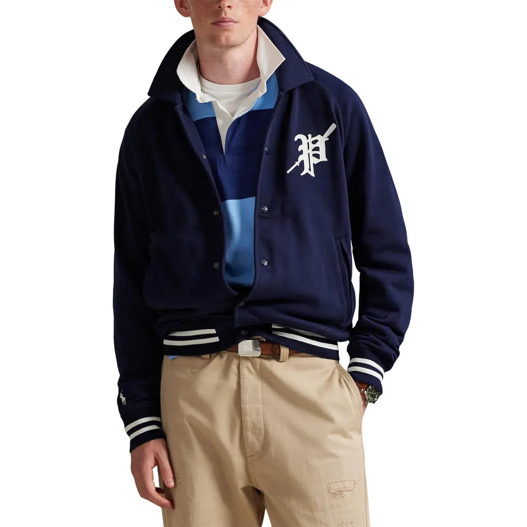 Polo Ralph Lauren Cotton Fleece Varsity Jacket in Cruise Navy at Nordstrom, Size Large | Nordstrom