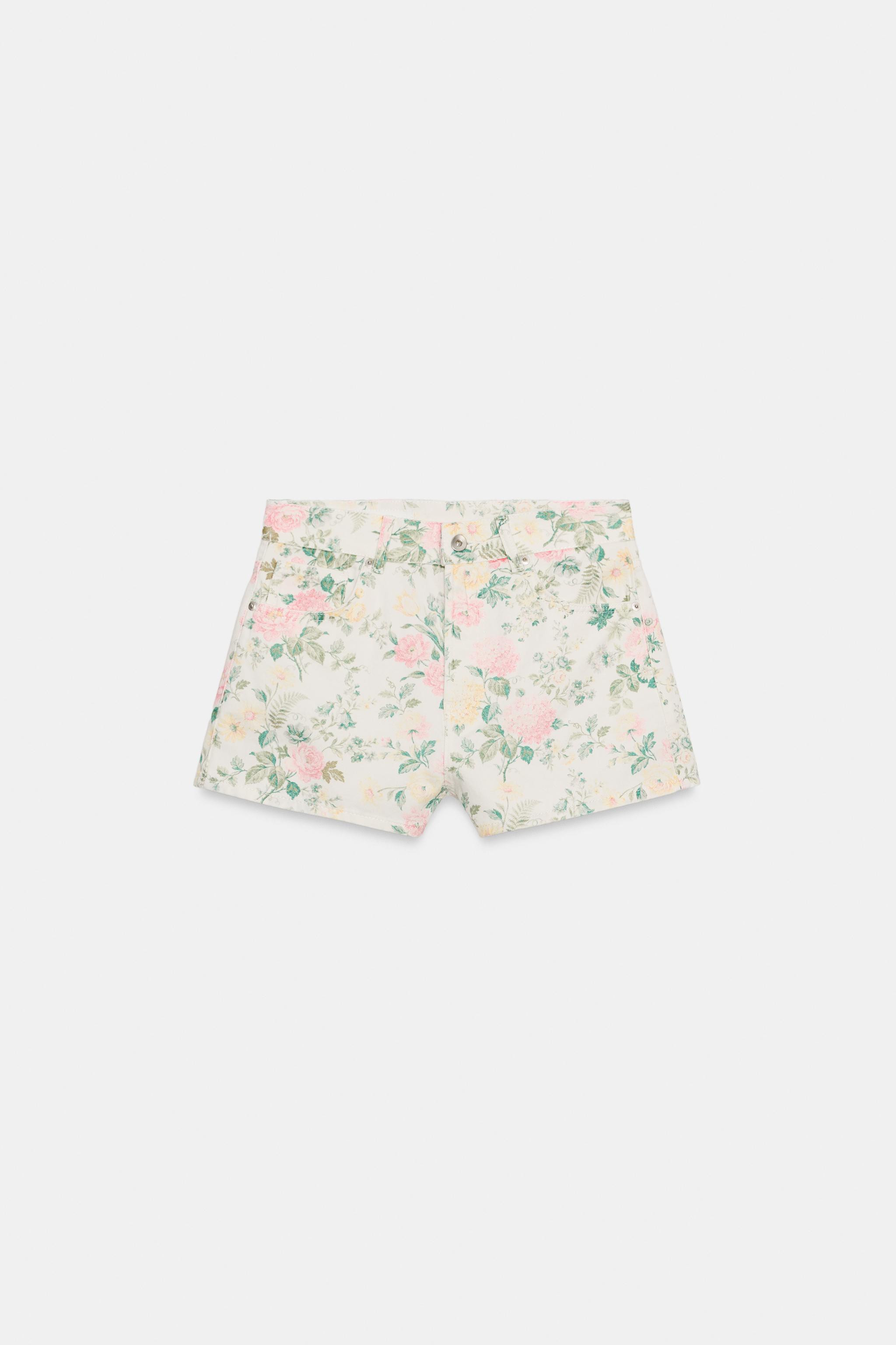HIGH-WAISTED TRF FLORAL DENIM SHORTS | Zara US