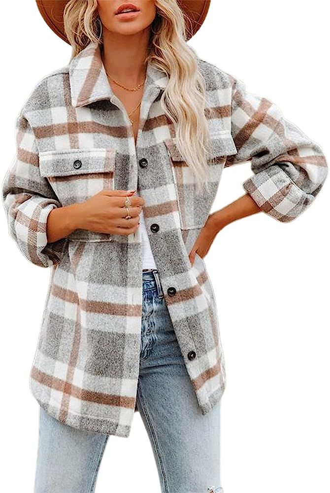 Yeokou Women's Fall Color Block Plaid Flannel Shacket Jacket Button Down Shirt Coat Tops | Amazon (US)