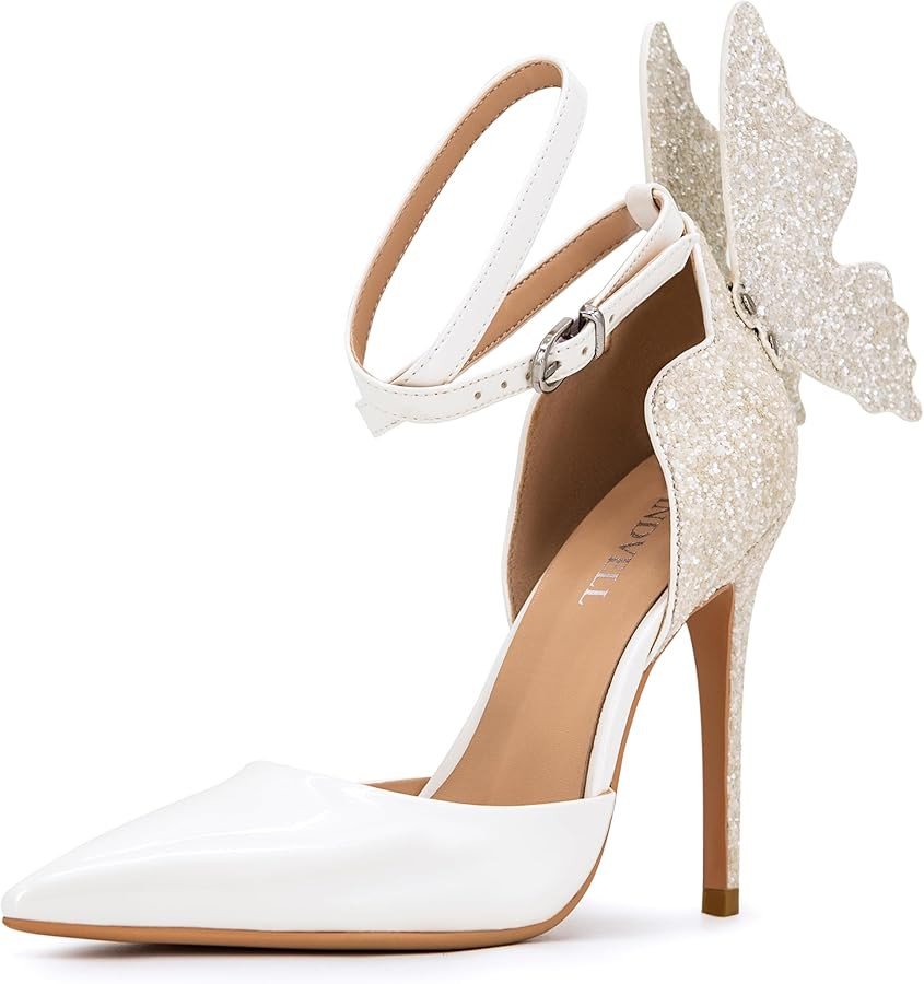Gold High Heels Butterfly Back Sexy Stiletto Pumps Closed Toe Sparkly Ankle Strap Heels Sandals D... | Amazon (US)