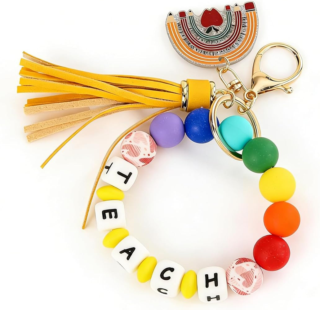 Teacher Keychain For Women, Teach Cartoon Pencil Tassel Silicone Beading Colorful Wristband Walle... | Amazon (US)