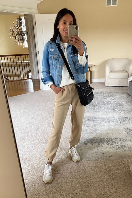 Spring outfit. Denim jacket has been with me for a few years now; true to size. Pullover and joggers true to size. White sneakers size up. Crossbody bag  

#LTKover40 #LTKstyletip #LTKitbag