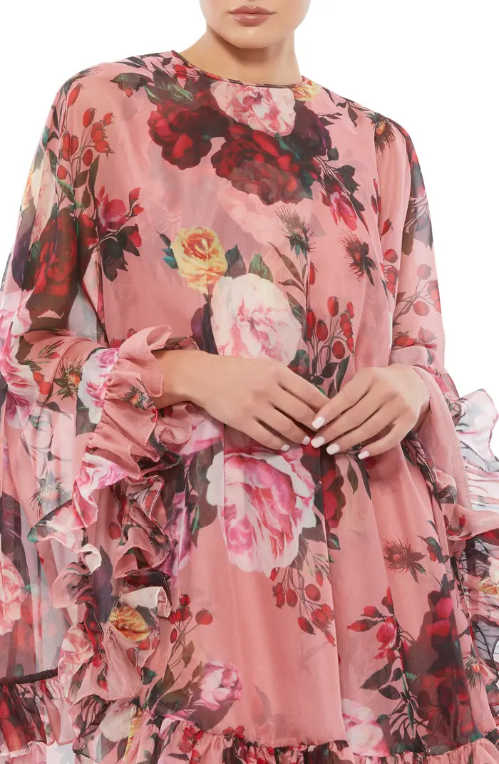 Floral Cape Sleeve Chiffon Trapeze Dress | Nordstrom