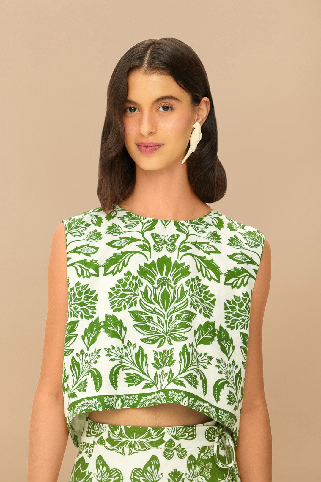 Green Delicate Tapestry LENZING™ ECOVERO™ Euroflax™ Blouse | FarmRio (US)