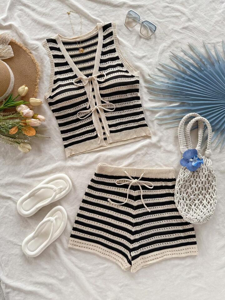 Soleia Plus Size Vacation Casual Contrast Color Striped Drawstring Vest & Shorts Beach Outfit, Music Festival Summer Bohemian Holiday | SHEIN