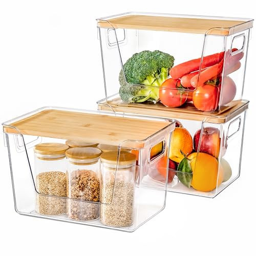 Criusia 3 Set Pantry Organizers and Storage with Bamboo Lids, Stackable Clear Bins for Onion, Potato, Fruit, Vegetables, Trash Bag Dispenser, Kitchen and Under Sink Organizer | Amazon (US)