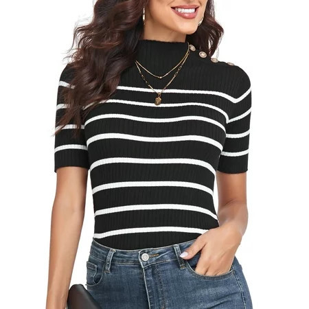 PrettyGuide Women s Short Sleeve Sweater Tops Mock Neck with Button Pullover Shirt Slim Fit Lightweight Knit Sweater Blouse | Walmart (US)
