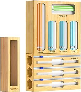 9 IN 1 Plastic Wrap Dispenser with Cutter, Kitchen Organizers and Storage, Bamboo Bag Organizer f... | Amazon (US)