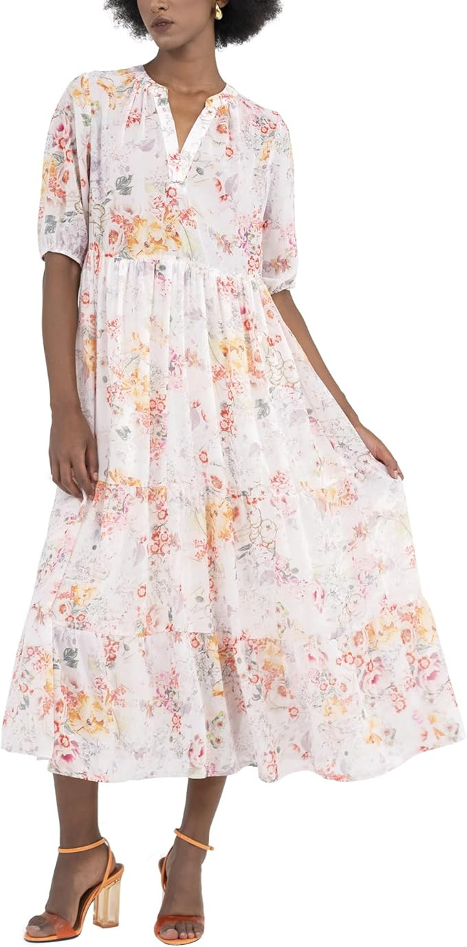 Womens Shift Dress Silk Chiffon V Neck Band Collar Mid Sleeve Elastic Pull On Work Office Busines... | Amazon (US)