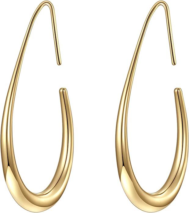 Lightweight Teardrop Hoop Earrings for Women - 14k Gold/White Gold Plated Large Oval Pull Through... | Amazon (US)