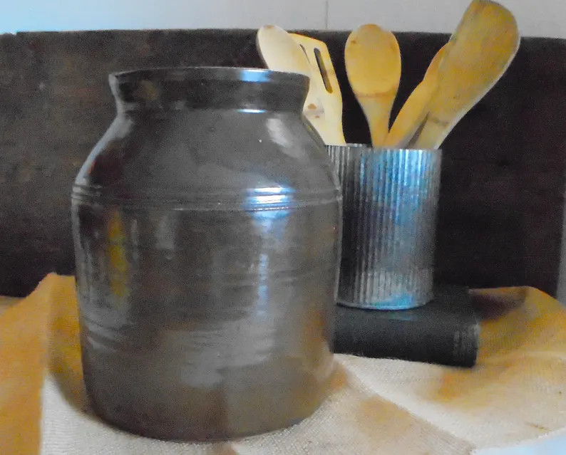 Tall 9" Antique Dark Brown Stoneware Crock Pottery, Dark Band, Rings, Salt Glaze, Black Drip, Rus... | Etsy (US)