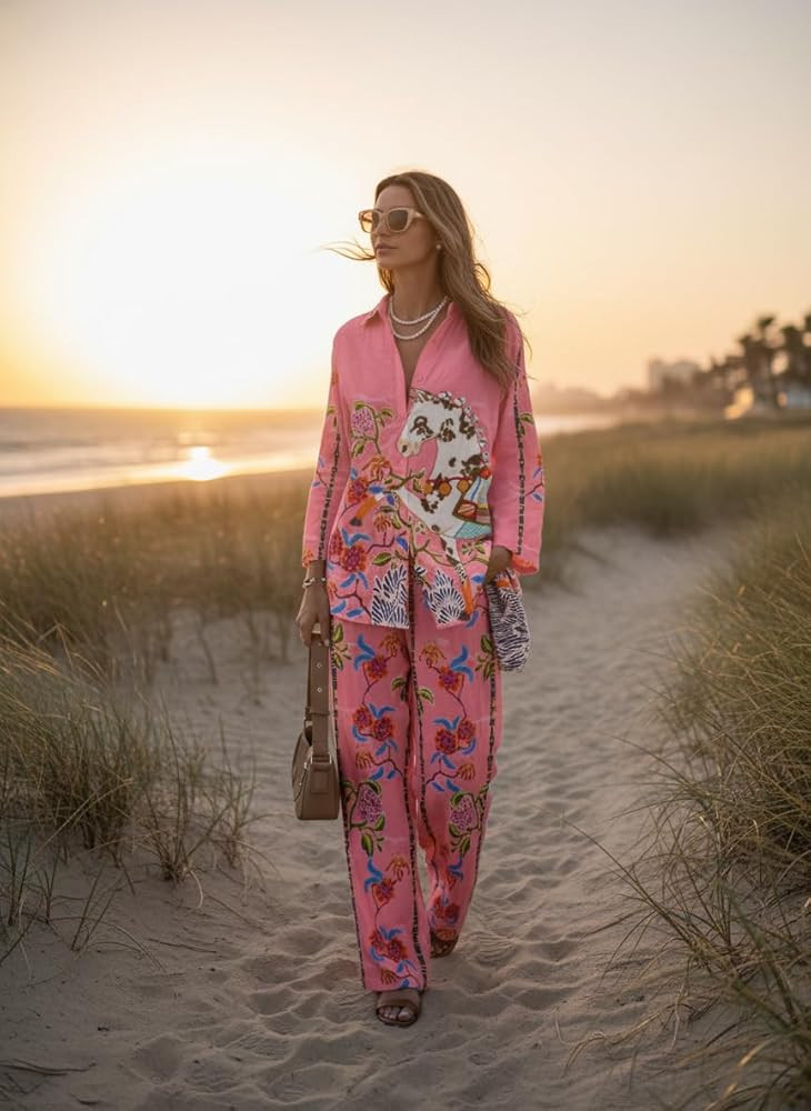 Amazon.com: Belamoda Women's Pink Floral Printed Two Piece Pants Set Long Sleeve Top and Wide Leg Pants Casual Vacation Matching Outfit : Clothing | Amazon (US)