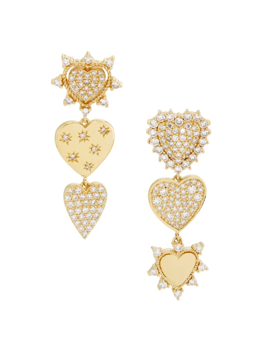 14K Yellow Gold & 1.01 TCW Diamond Mismatched Triple Heart Drop Earrings | Saks Fifth Avenue