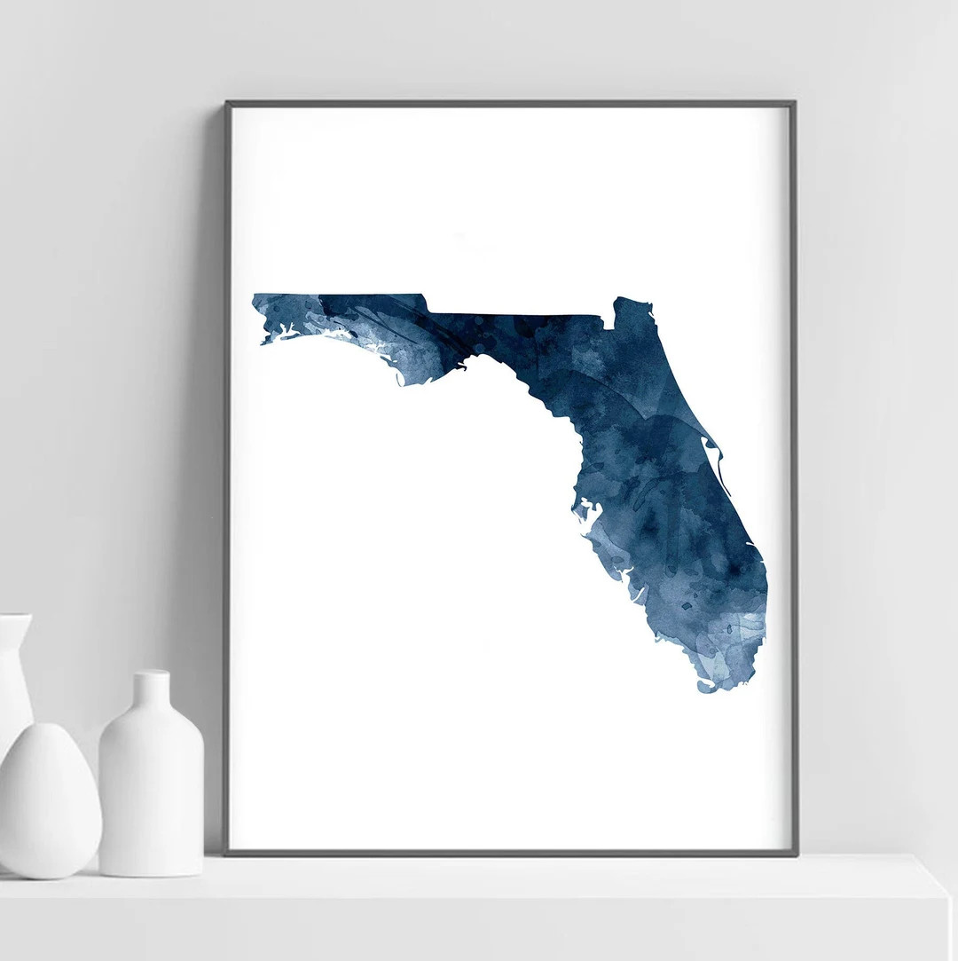 Florida State Map Print, Florida Map Watercolor Navy Blue Art Poster, Modern Wall Art, USA State ... | Etsy (US)