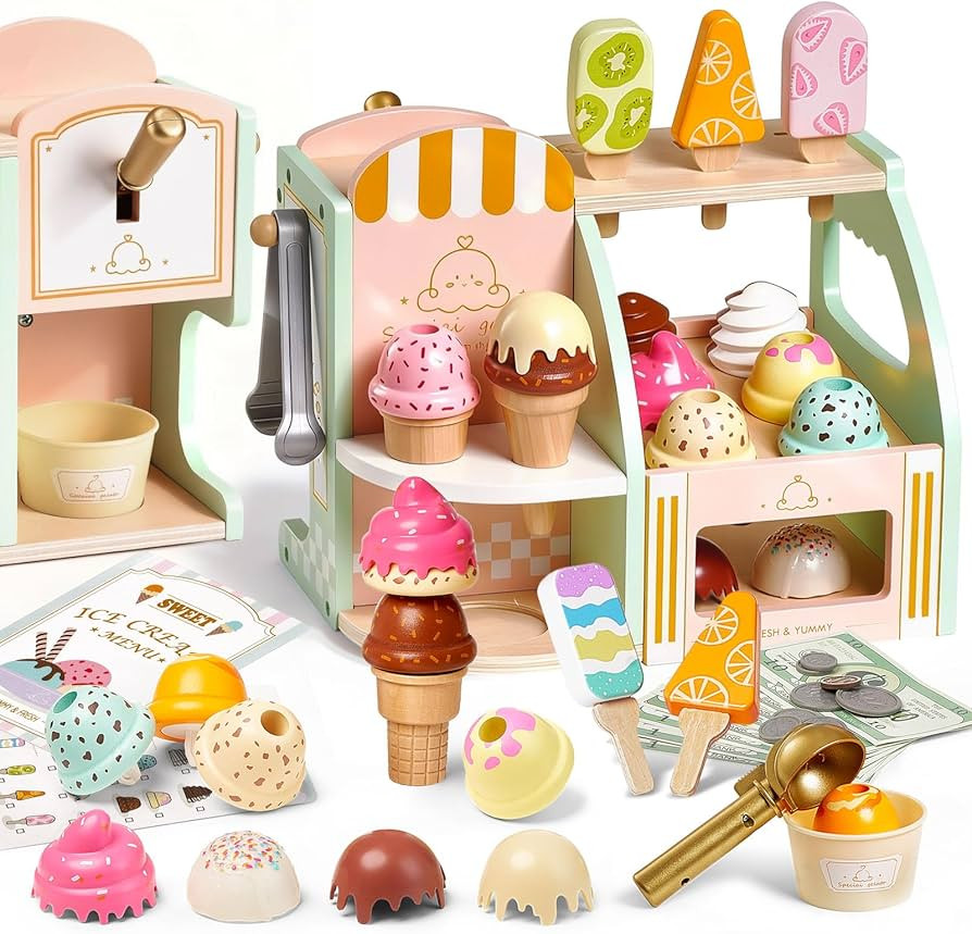 Giant bean Wooden Ice Cream Play Set, with Drop-Down Dispenser, Play Kitchen Accessories with Con... | Amazon (US)
