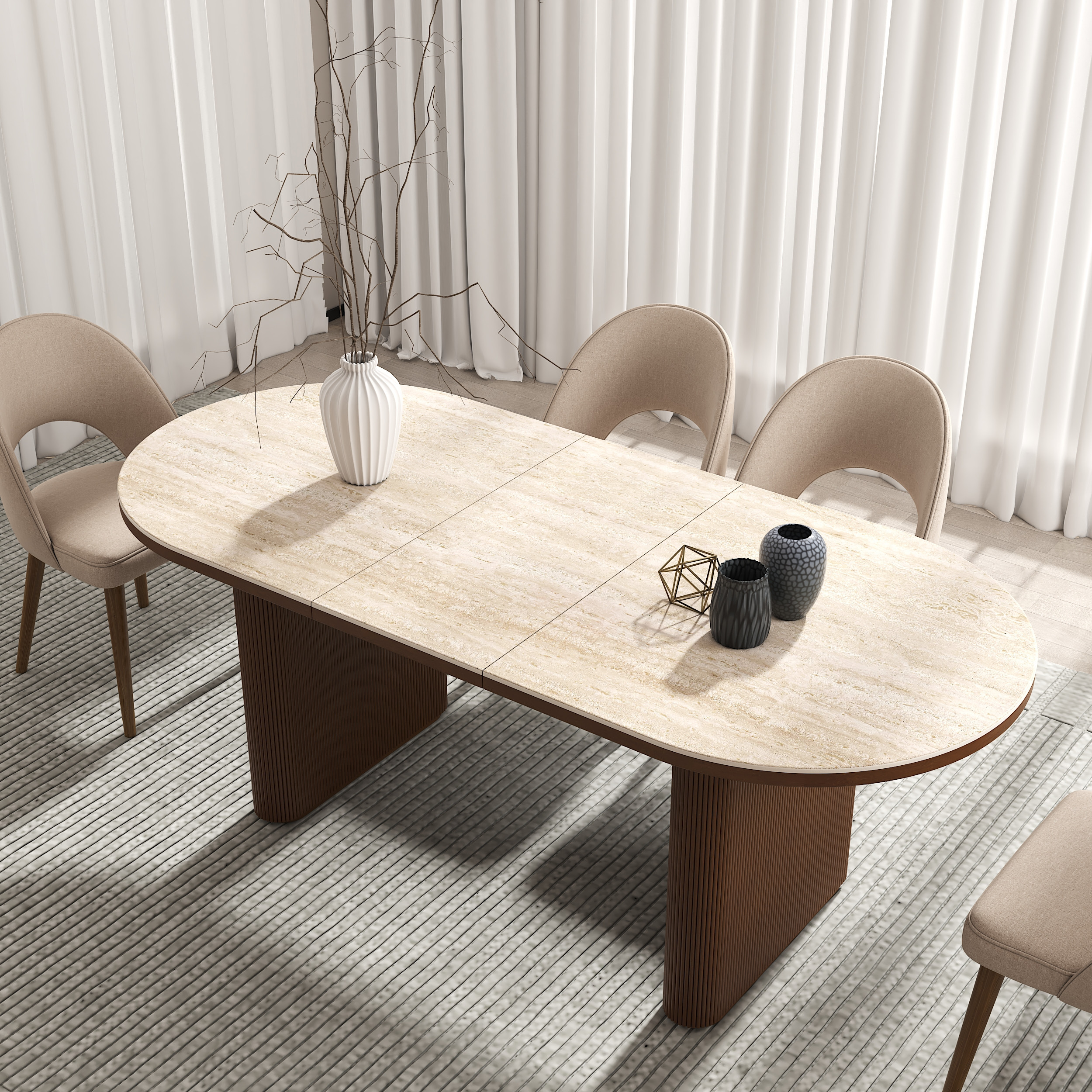 79''-95'' Oval Dining Table Extendable Butterfly Leaf Sintered Stone Top 6-10 Seater Matte Travertine | Homary