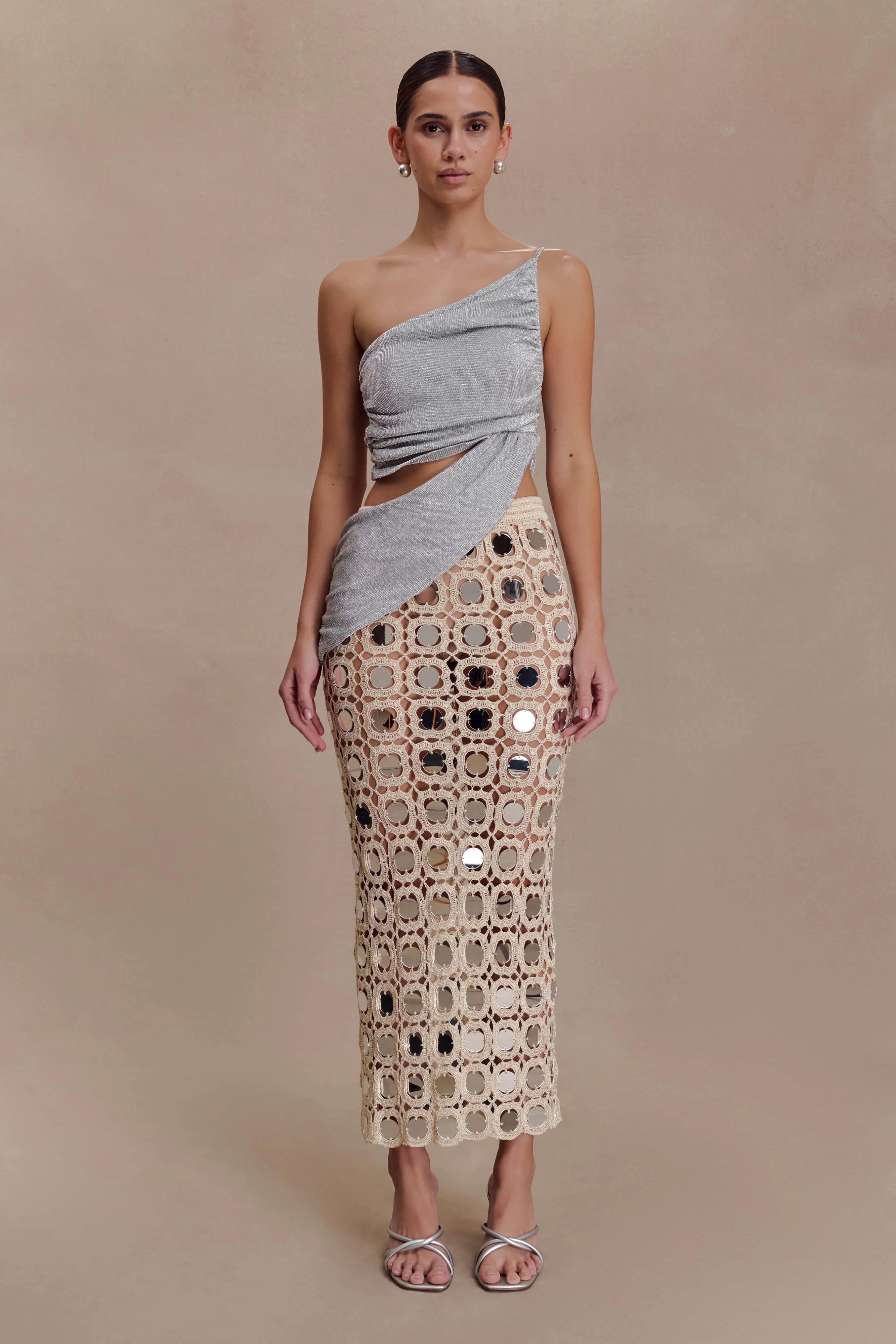 Noel Mirror Knit Midi Skirt - Beige | MESHKI US