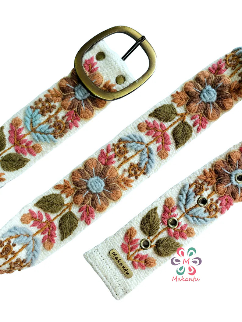 Peruvian Embroidered Belt, Handmade Embroidery, Ivory Belt, Beige Flower, Artistic Floral, Ethnic... | Etsy (US)