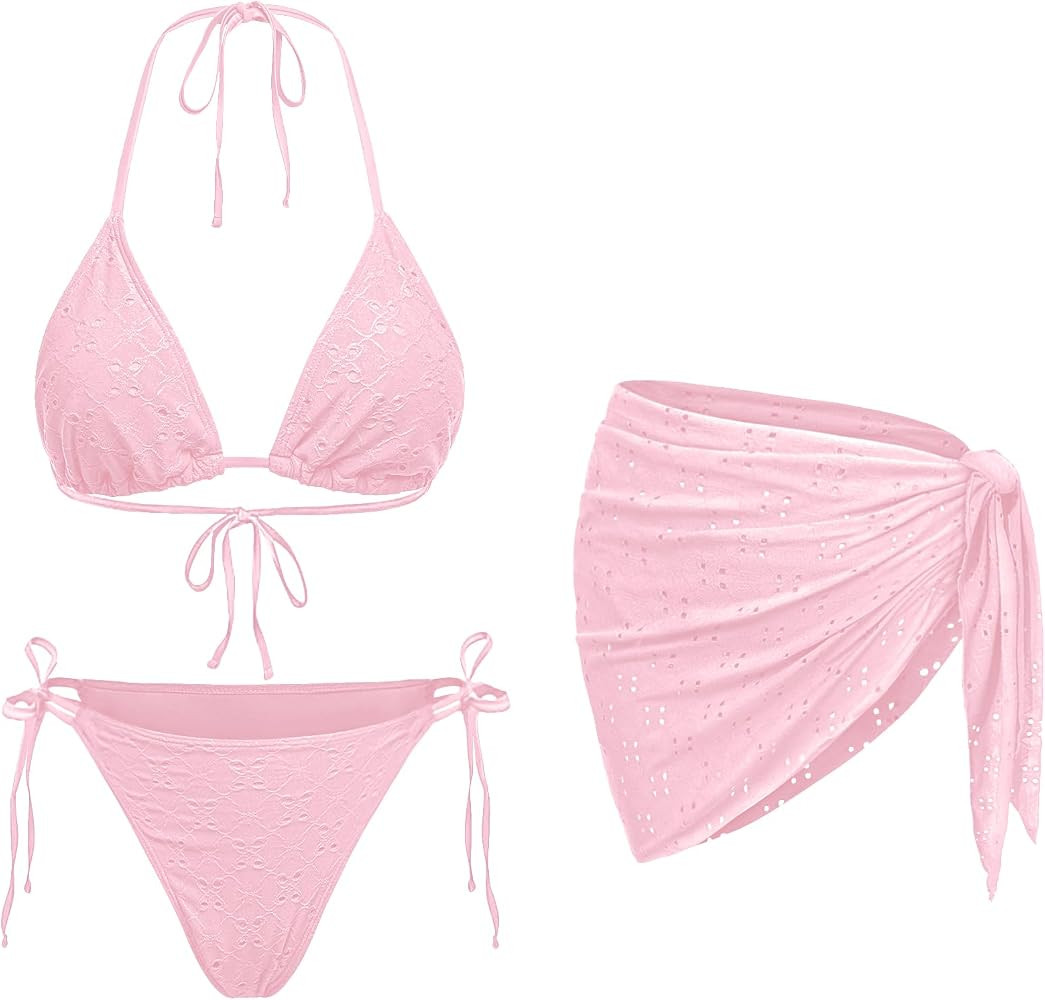 Women 3 Piece Swimsuits - Sexy Triangle Bikini Sets with Cover Up Halter String Tie Side Bathing ... | Amazon (US)