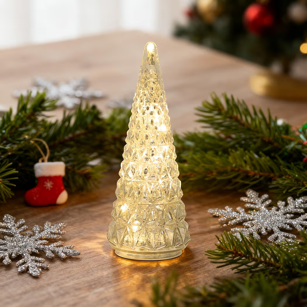 Lighted Glass Christmas Tree Figurine with Timer, Mercury Glass Christmas Decoration Battery Oper... | Amazon (US)