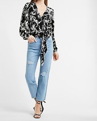 Tropical Print Wrap Front Balloon Sleeve Tie Top | Express