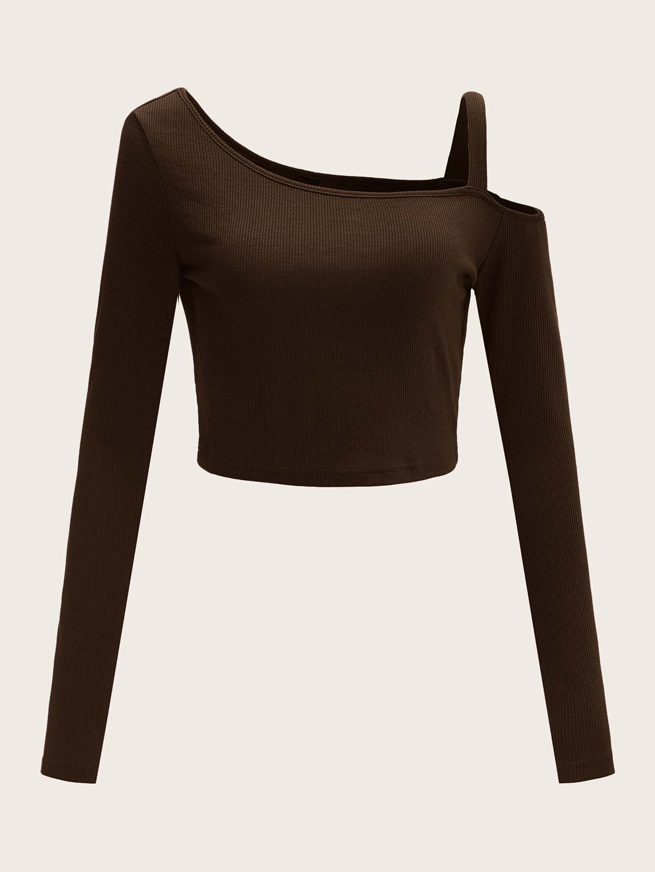 SHEIN Asymmetrical Neck Cold Shoulder Rib-knit Top | SHEIN