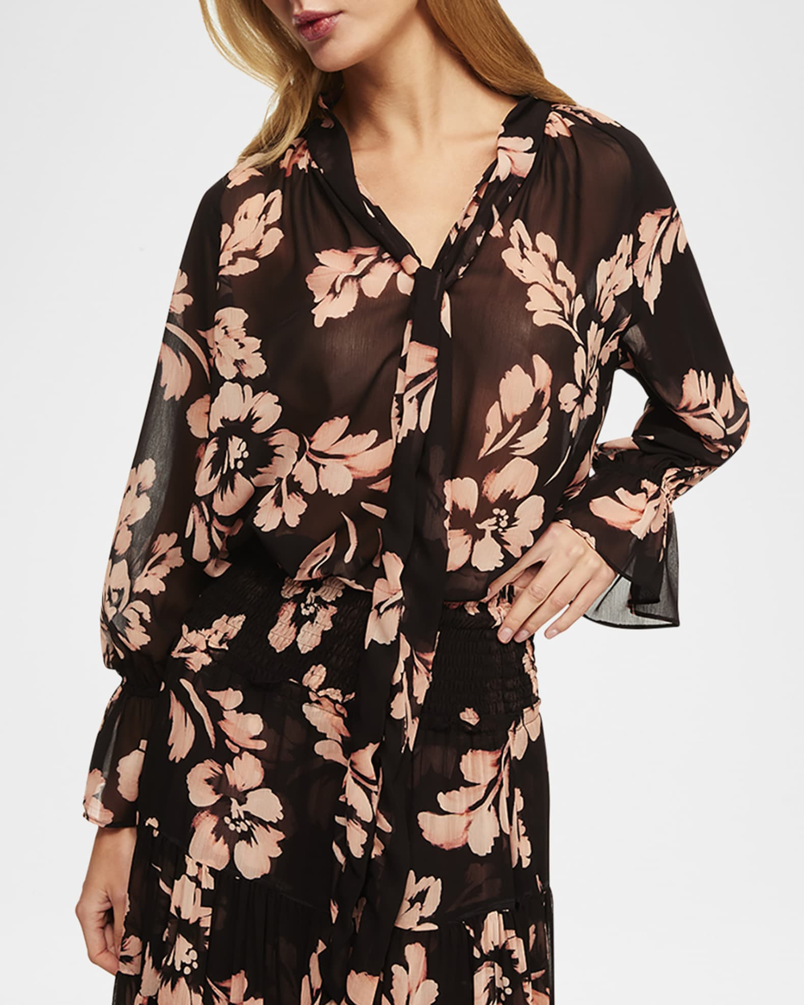 MISA Los Angeles Gracie Floral Semi-Sheer Tie Blouse | Neiman Marcus