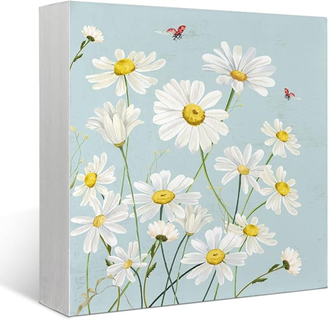 Spring Daisy Blue Wooden Box Sign, Summer Decorations For Home,Rustic Wood Block Plaque for Table... | Amazon (US)