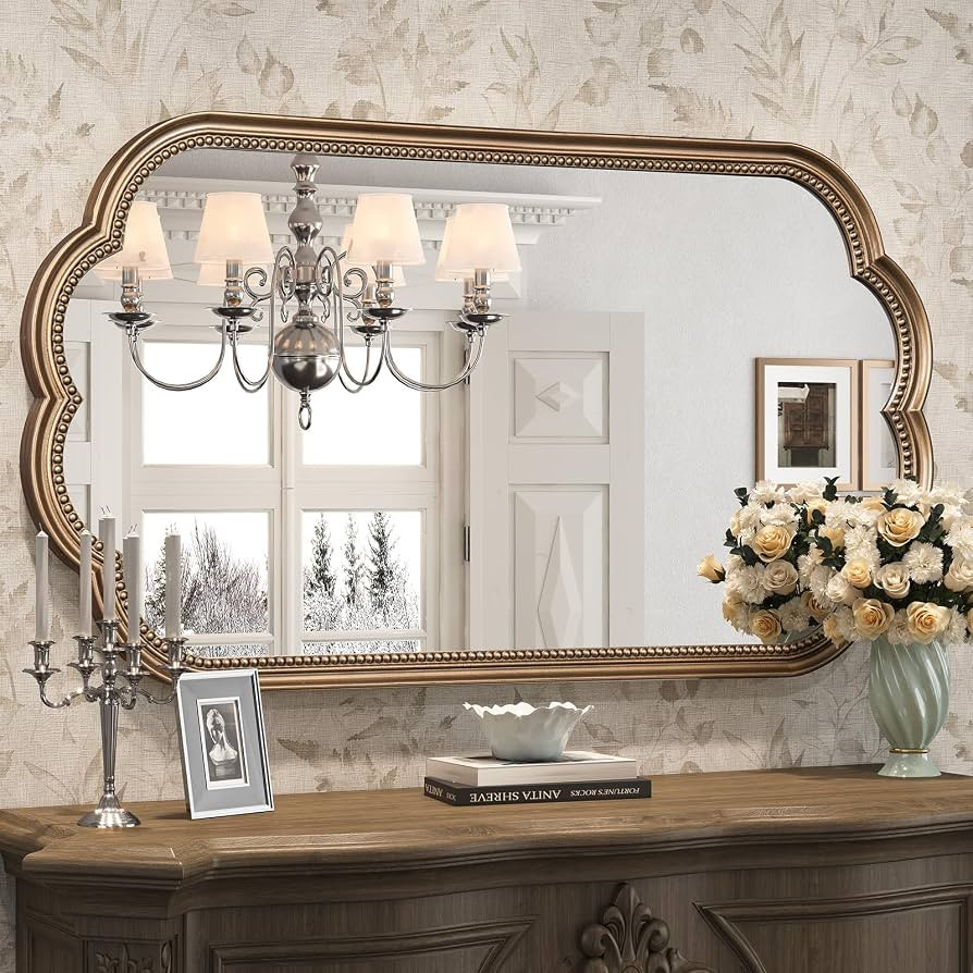 Scalloped Mirror for Bathroom, 23" x 42" Antique Brass Mirror, Gold Scalloped Vintage Mirrors wit... | Amazon (US)