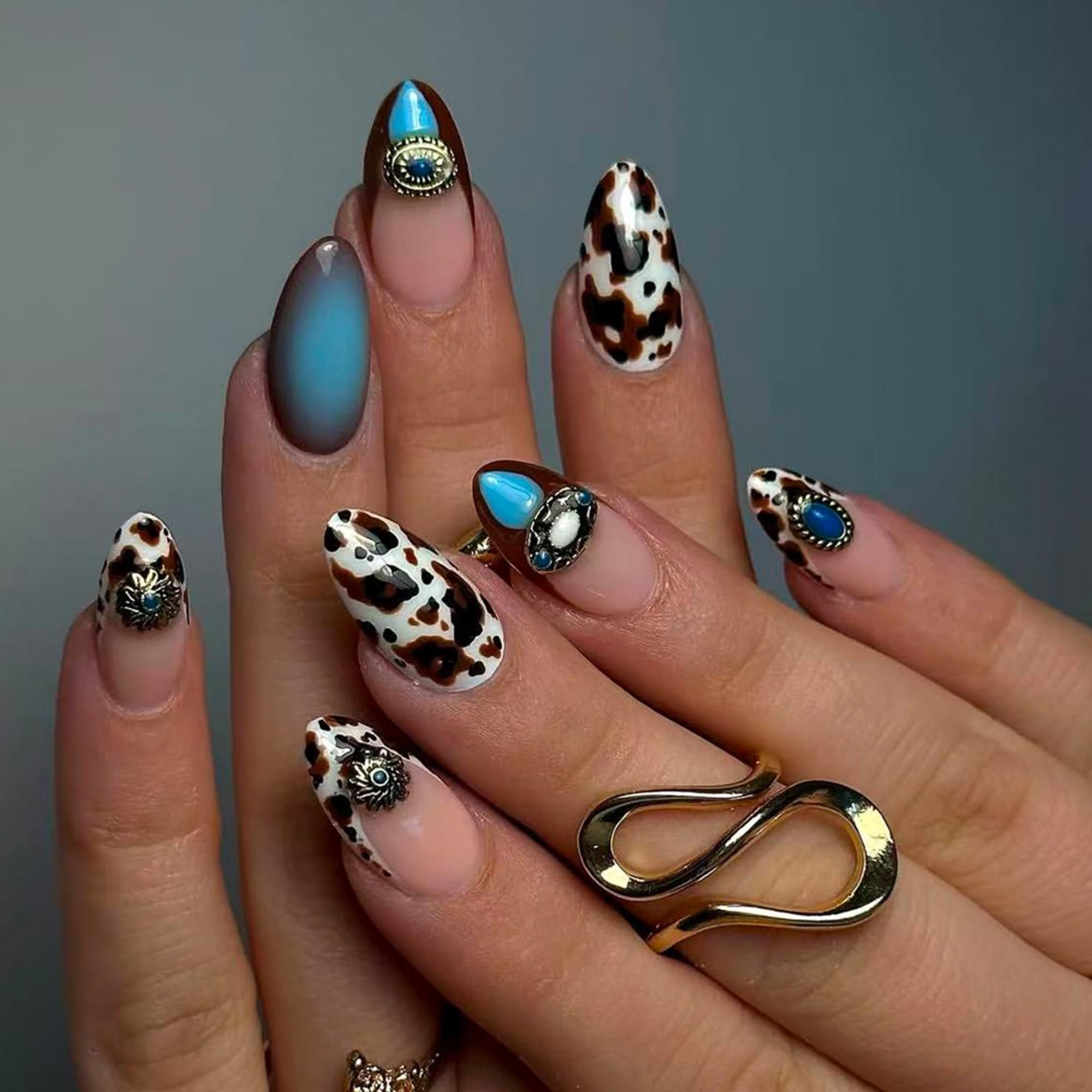 Press on Nails Long Almond, 24 Pcs Western Cowboy Brown Cow Print and Turquoise Design Fake Nails... | Amazon (US)
