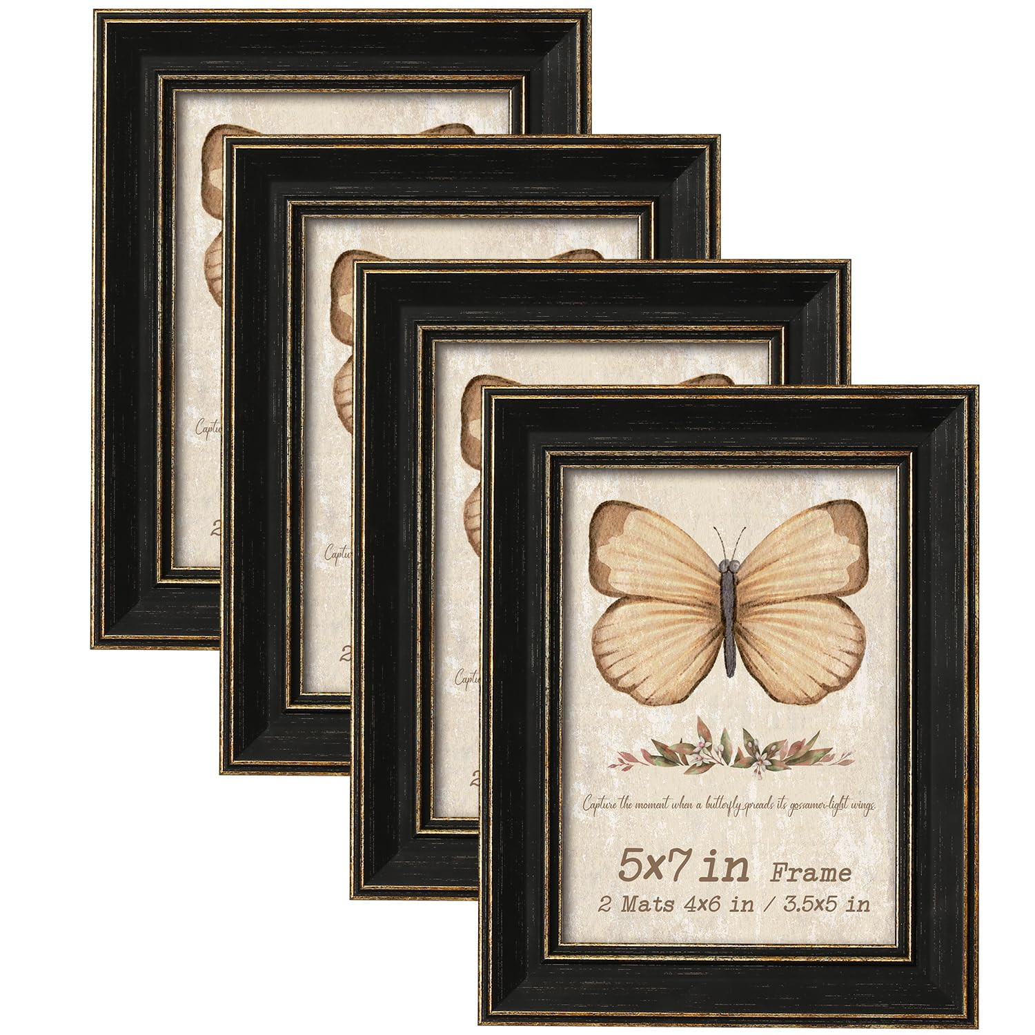 5x7 Picture Frame Set of 4 with 2 Mats, Black Rustic Farmhouse Photo Frames with Tempered Glass, ... | Amazon (US)