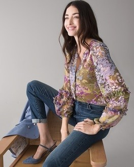 Watercolor Ruffle Sleeve Blouse | White House Black Market