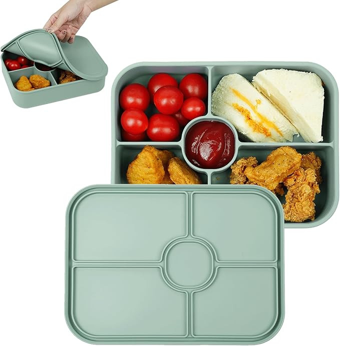 4 Compartment Lunch Box with Sauce Compartment, Leakproof Silicone Bento Box Adults, BPA-Free, Re... | Amazon (US)