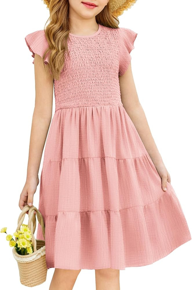 Arshiner Girls Summer Flutter Short Sleeve Sundress Smocked Elastic Waist Tiered Midi Dress with ... | Amazon (US)