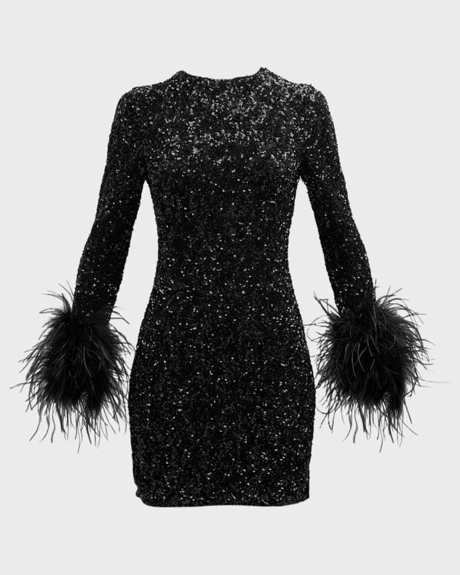 Alice + Olivia Delora Sequin-Embellished Feather Cuff Mini Dress | Neiman Marcus