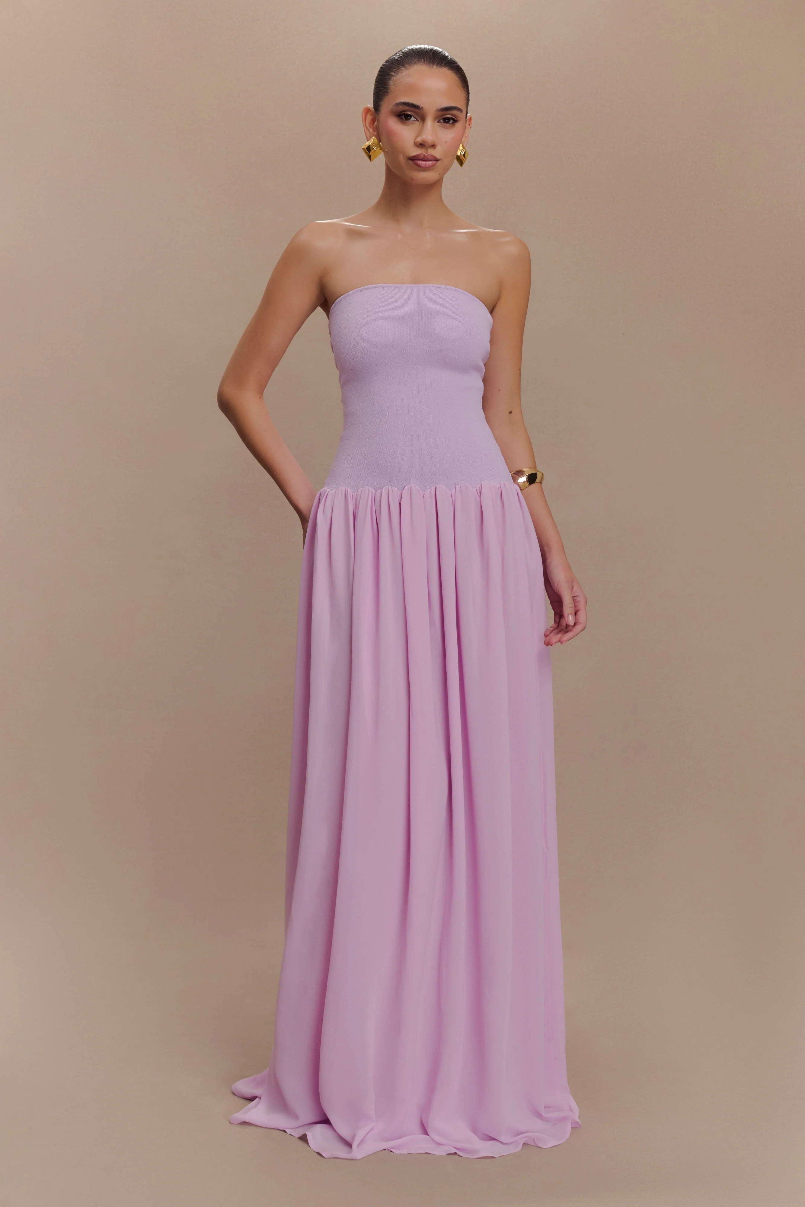 Lyanna Knit And Chiffon Strapless Maxi Dress - Lilac | MESHKI US