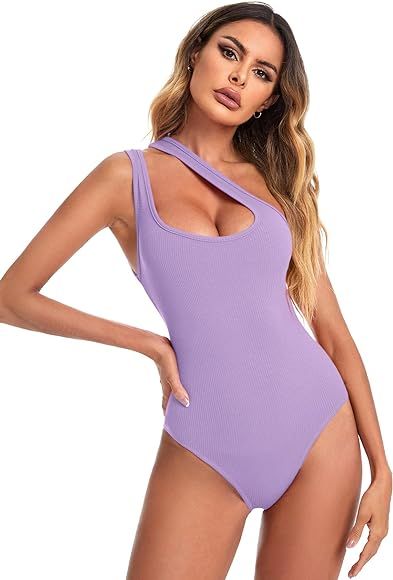 Verdusa Women's Sexy One Shoulder Sleeveless Cut Out Solid Skinny Bodysuit | Amazon (US)
