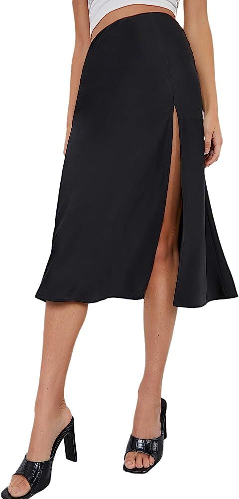SheIn Women's High Waist Satin Skirts Split Thigh Solid Zipper Midi Skirt | Amazon (US)