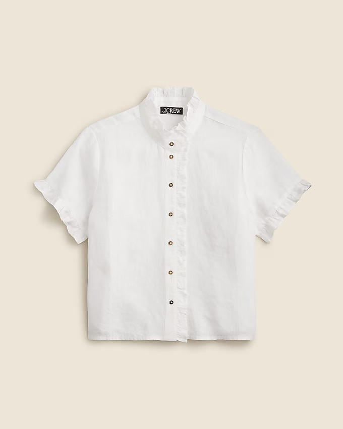 Ruffle-trim button-up shirt in linen | J. Crew US