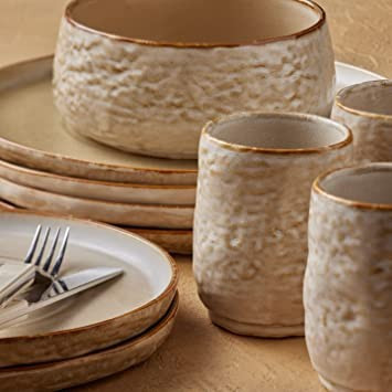 Amazon.com | Stone lain Detail Stoneware Dinnerware Set, 16-Piece Service for 4, Beige: Dinnerwar... | Amazon (US)