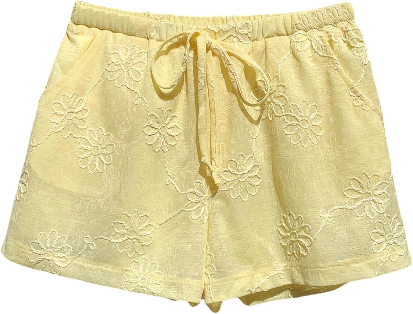 SOLY HUX Women's Summer Shorts Floral Embroidery Tie Front Elastic Waist Wide Leg Vacation Shorts | Amazon (US)