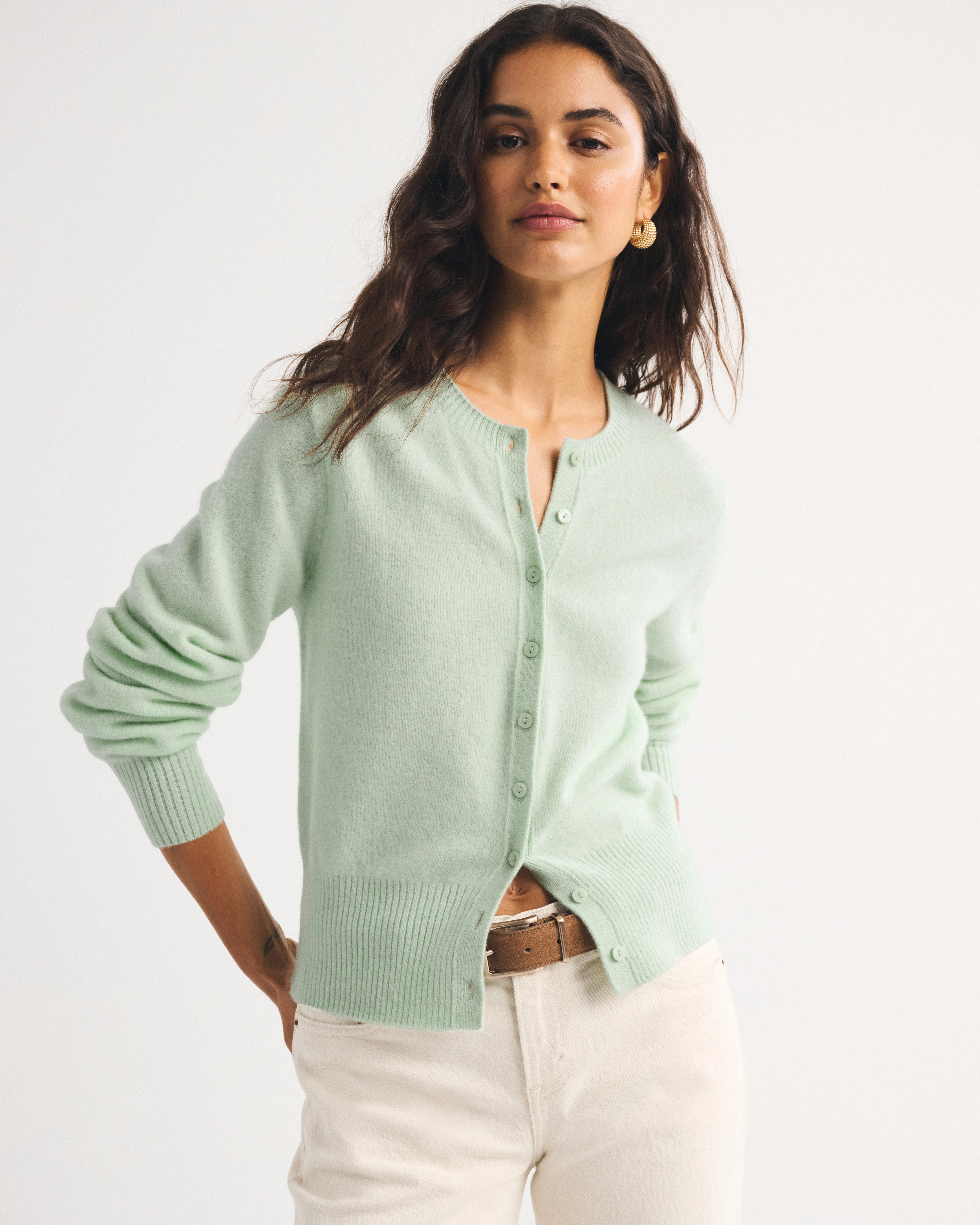 100% Merino Wool Banded Crew Cardigan | Abercrombie & Fitch (UK & DE)