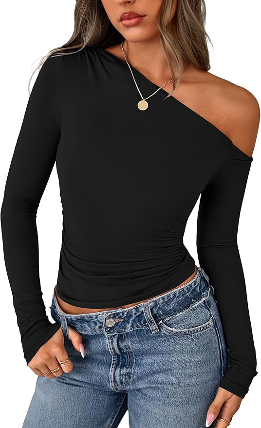 PRETTYGARDEN Womens Off Shoulder Long Sleeve Shirts 2026 Fall Ruched Fitted Asymmetrical Going Ou... | Amazon (US)
