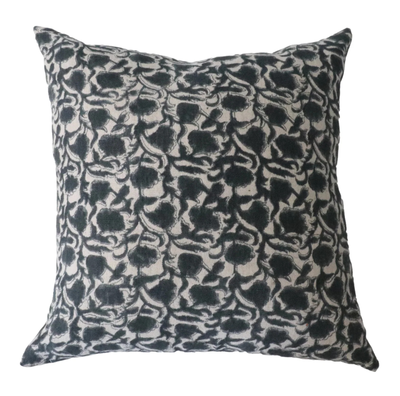 Dark Blue Floral Pattern Printed on Natural Linen - The Della Floral Pillow Cover | Danielle Oakey Interiors INC