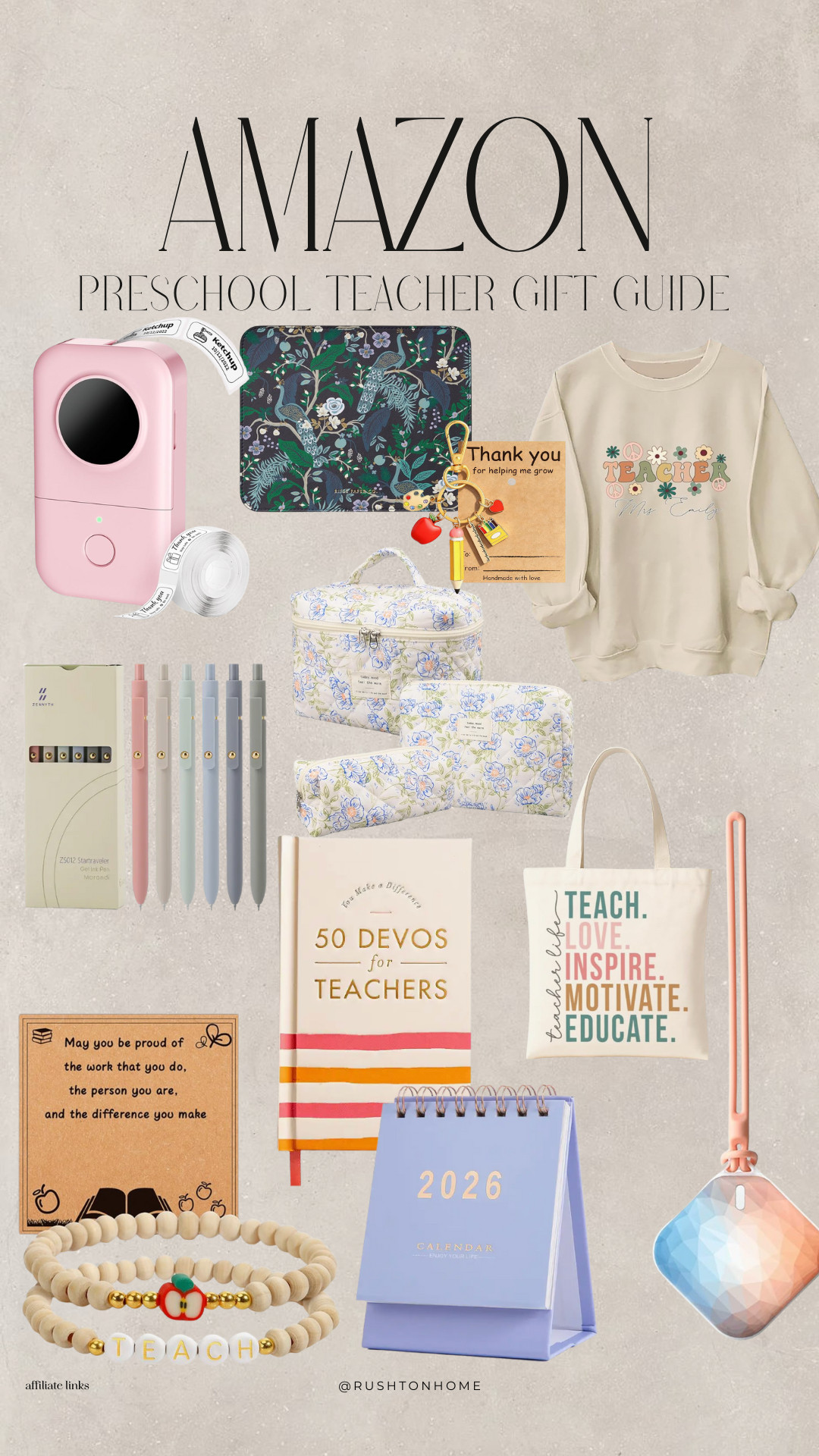 Amazon Preschool Teacher Gift Guide, teacher gift ideas, preschool teacher gifts, amazon teacher gifts, affordable teacher gifts, teacher appreciation gifts, floral cosmetic bags, teacher devotional book, mini printer label maker, pastel pens amazon, inspirational teacher tote, teacher sweatshirt cute, teacher bracelet, teacher calendar 2026, teacher thank you gifts, small teacher gifts 

 #LTKGiftGuide #LTKHoliday #LTKSeasonal