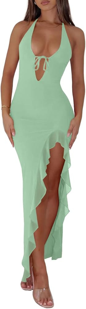 Women Sexy Halter V Neck Maxi Dress Mesh Ruffle Hem Bodycon Backless High Slit Cocktail Party Wed... | Amazon (US)