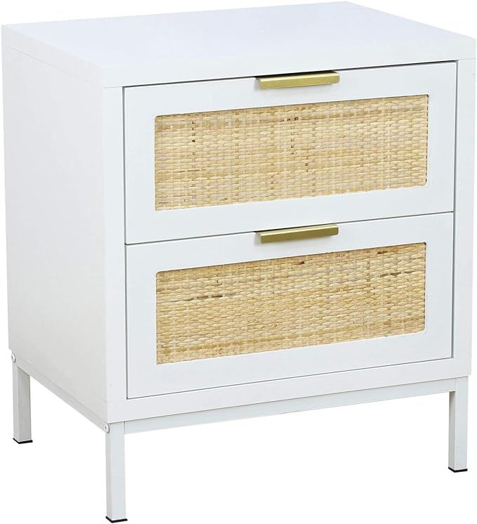 Natural Rattan 2 Drawer Nightstand, Anmytek Wood Storage Cabinet for Bedroom Livingroom Simple So... | Amazon (US)
